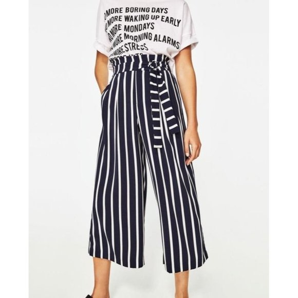 Zara Pants & Jumpsuits Zara High Waisted Wide Leg Crop Blue White